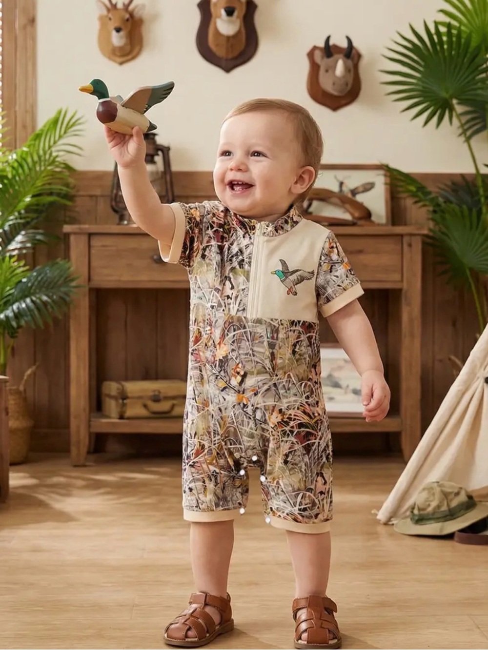 6-12M 🦆 Baby Camouflage Romper Jumpsuit -Half-Zip Zipper Outfit with Duck